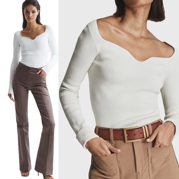 REISS Emira Ribbed Sweetheart Cream Jumper Sweetheart Neck Cream Large - Picture 1 of 16